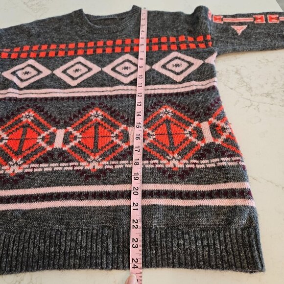 J. Crew Size Medium Abstract Fair Isle Gray Red Pink Wool Mohair Blend Sweater - Picture 7 of 11